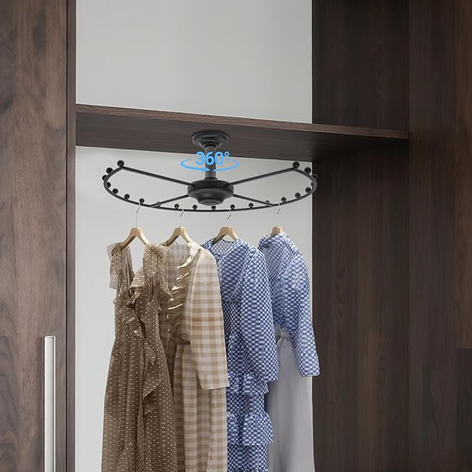 Round Closet Rod, 360° Rotating Clothes Hanger for Wardrobes, Black Heavy Duty 66 lbs Capacity Metal Closet Organizer with Iron Balls, Space Saving Storage Solution for Cloakroom