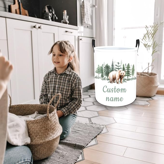 Personalized Woodland Bear Laundry Basket for Kids, Custom Name Baby Laundry Hamper for Nursery, Customize Baby Name Laundry Basket, Waterproof Storage Organizer 2 Sizes