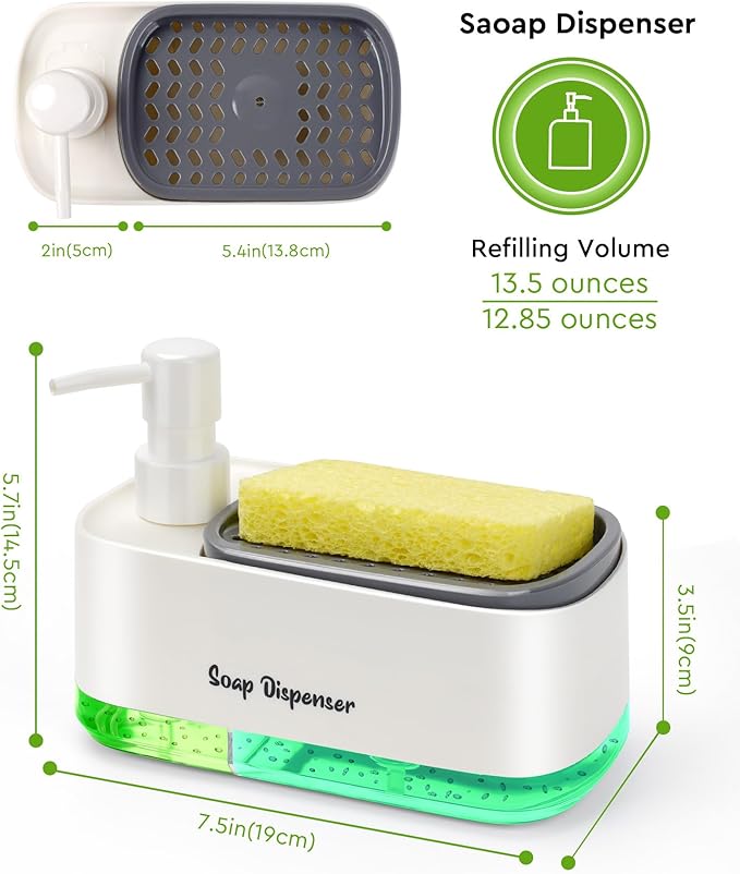 Hand and Dish Soap Dispenser Set for Kitchen, Dual Soap Dispenser with Sponge Holder, 3-in-1 Countertop Soap Pump Dispenser for Kitchen Sink, Useful Kitchen Gadgets - White