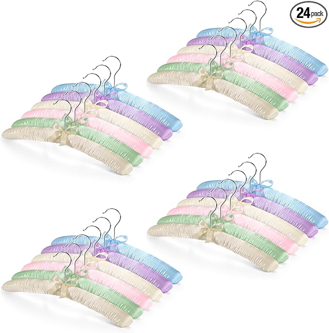 Jetec 24 Pieces Satin Padded Hangers with 360° Swiveling Hook Sponge Shoulder Pads Hanger for Coat, Sweaters, Blouse, Wedding Dress, Women Cloths (Champagne,Beige,Blue,Pink,Lavender,Green)