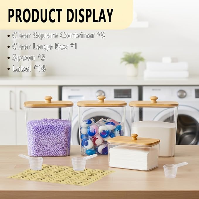 Laundry Storage Containers - Large Detergent Powder Storage with Wooden Lids & Labels, Laundry Pods Holder for Scent Booster, Powder & Pods, Laundry Room Organization 3+1 Pack