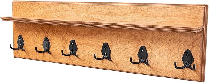 Rustic Wall Mounted Coat Rack with Shelf Wooden Entryway Organizer with 5 Metal Hooks for Coats Hats Towels Keys Floating Storage Shelf for Bathroom Bedroom (Oak, 32 inch (6 Hooks))