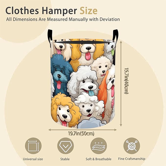 Cartoon Poodle Dog Laundry Basket Hamper for Boys Girls Kids Adults, Foldable Waterproof Oxford Clothes Storage Bin, Colorful Puppy Organizer for Bedroom Bathroom Room Decor 19.7"x15.8"