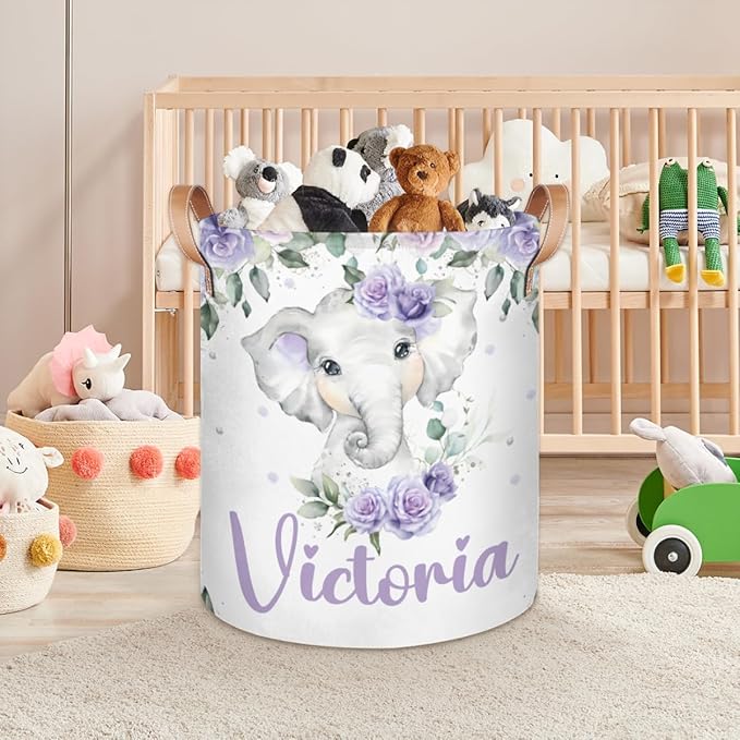 Personalized Laundry Basket, Custom Gift Laundry Hamper, Collapsible Nursery Waterproof Laundry Baskets, Dirty Clothes Toy Hamper with Handles Purple Floral Cute Elephant