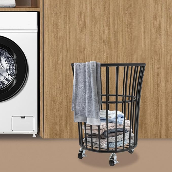 Metal Laundry Basket, Rolling Laundry Hamper with Wheels, Round Mesh Iron Basket Storage Clothes Organizer with Locking Casters for Laundry Room Bathroom Bedroom Closet Dorm (Black)