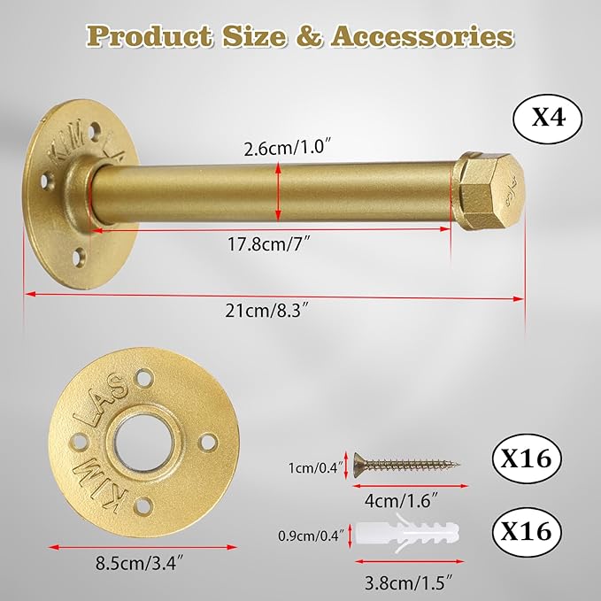 BTSKY 4 Pack Clothes Rack with Screws, 8 Inch Metal Industrial Pipe Clothes Bar for Hanging Clothes, Heavy Duty Wall Mounted Clothing Hanging Rod Shelving Brackets for Laundry Room Retail Store, Gold