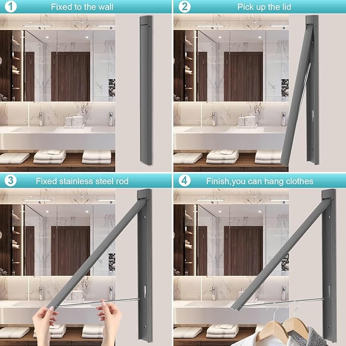Wall Mounted Clothes Drying Rack - Foldable Space Saving Design, No Drill Installation, 65lb Heavy Duty Capacity, Rust-Proof Aluminum Alloy for Laundry Room (Gray)