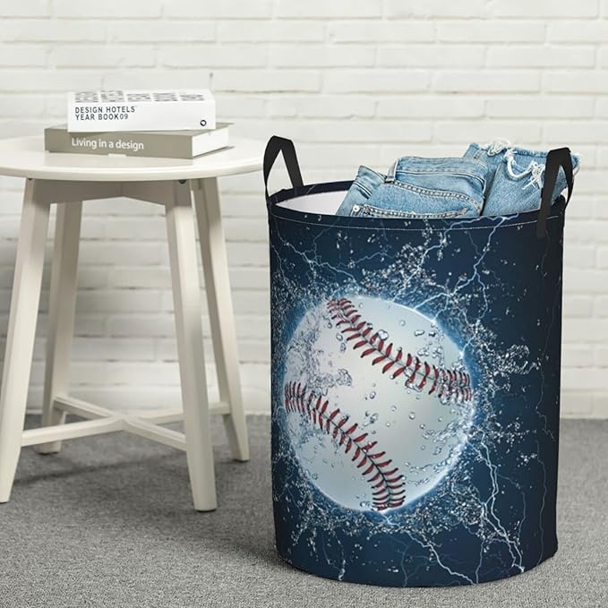 Dujiea Baseball Laundry Basket Round with Handle, Collapsible Foldable Canvas Storage Bin Dirty Clothes Bag for Laundry/Toys Organizer/College Dorm/Nursery/Decor(2 Sizes)