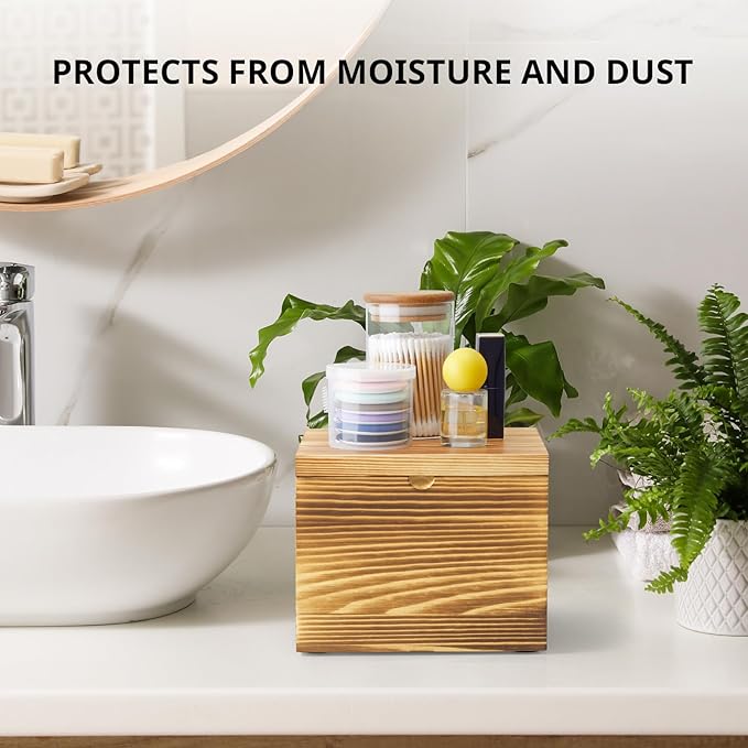 Disposable Face Towel Holder, Burnt Wood Box Compatible with Clean Towels XL(NOT Included), Black Container for Cleansing Facial Dry Wipes, Face Towelettes Bathroom Counter Storage