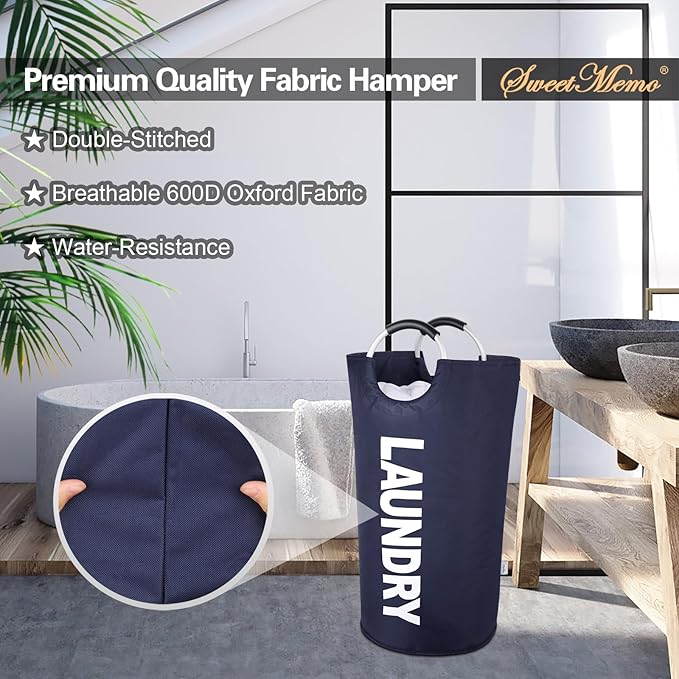 Large Laundry Basket Collapsible 95L, Tall Laundry Bag with Handles for Boys, Student, – Fioldable Dirty Clothes Hampers for College Dorm，Laundry Room, Lightweight, Sturdy - Navy Blue