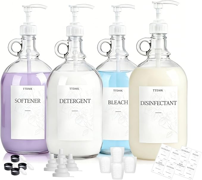 4 Pcs Glass Liquid Laundry Detergent Dispenser, Half Gallon Laundry Soap Dispenser for Laundry Room (64 oz. Each), Laundry Detergent Bottles with Pump Dispenser -Includes Labels, Funnel, Measuring Cup