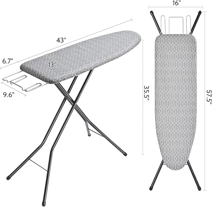 APEXCHASER Ironing Board Full Size, Iron Board with Ironrest, Lightweight Iron Table Stand Adjustable Height, Foldable Iron and Ironing Boards Set with Thick Padding, Sturdy Metal Legs, Gray 43x13