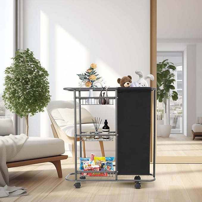 Rolling Laundry Cart with Wheels: 3-Tier Laundry Caddy Between Washer and Dryer - Heavy Duty Wrapping Paper Cart with 45L Bag for Narrow Space Laundry Room Bathroom Bedroom Black