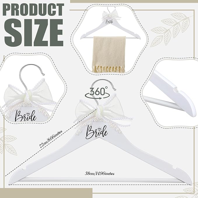 Bride Wedding Dress Pearl Mrs. Hanger with Pearl Ribbon Bow Elegant Wooden Dress Hanger to Be Ideal Keepsake for Wedding Day Gift(White,Bride)