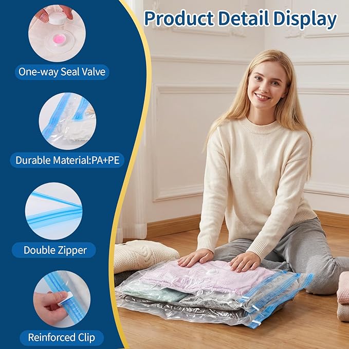 7 Pack Vacuum Storage Bags with Pump, 2 Roll-Up 1 Small 1 Medium 1 Large 1 Jumbo 1 Super Jumbo, Heavy Duty PA+PE, Reusable Vacuum Seal Bags for Clothing, Travel & Home Storage