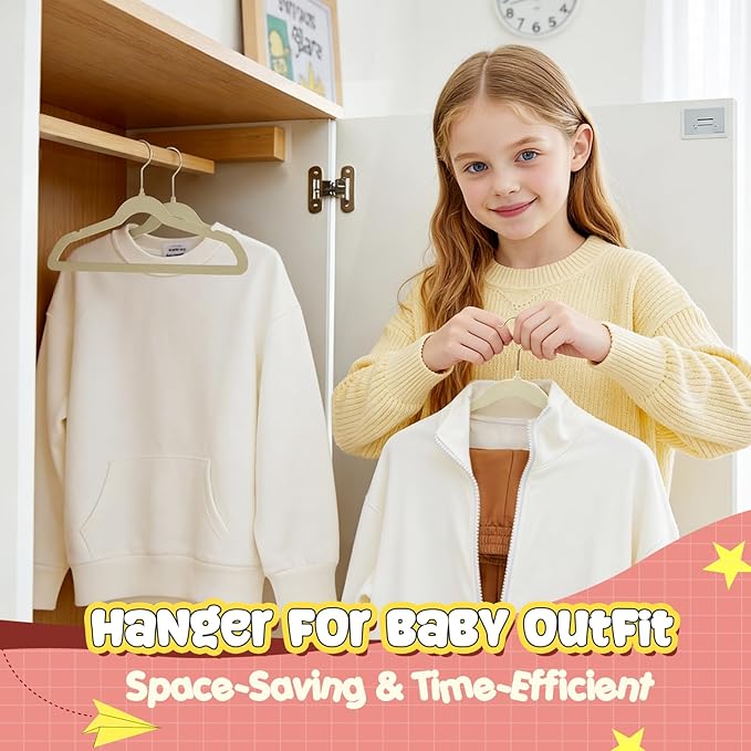 Korpai 30 Pack Baby Velvet Hangers 11 Inch,Non-Slip,Ultra Slim,Space-Saving Baby Hangers with 360° Swivel Hook, 7LBS Capacity,Baby Clothes Hangers Ideal for Baby Romper/Dresses/Shirts/Coats/, Beige