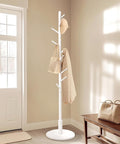Standing Coat Rack,Wooden Coat Rack Stand with 9 Hooks and 3 Height Adjustable,Beech Wood Tree Coat for Bedroom,Office,Entryway (White)