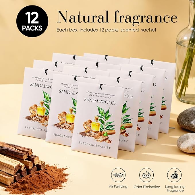 Sandalwood Scented Sachet Bags - 12 Pack Closet & Drawer Freshener, Long Lasting Odor Eliminator for Wardrobes, Cars & Storage, Home Fragrance Air Freshener Sachets