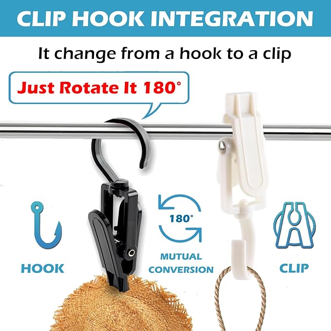 20pcs Laundry Hooks with Clips Super Strong Plastic Home Travel Swivel Hanging Hanger Closet Organizer Clamps Socks Boot Bras Towels for Bathroom Wardrobe Kitchen Office,White