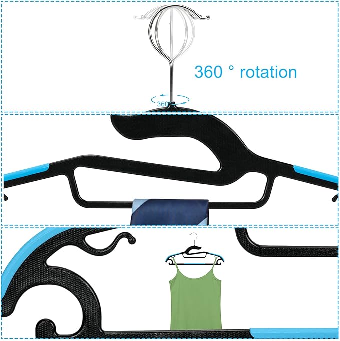 Tinfol 15PC Black Plastic Hangers Space Saving Clothes Hanger, Dry Wet Hangers with Blue Non-Slip Pads Clothes - Suit Hangers Heavy Duty Hanger Perfect for Cloth,Underwear, Pants, Shirts and Sweaters