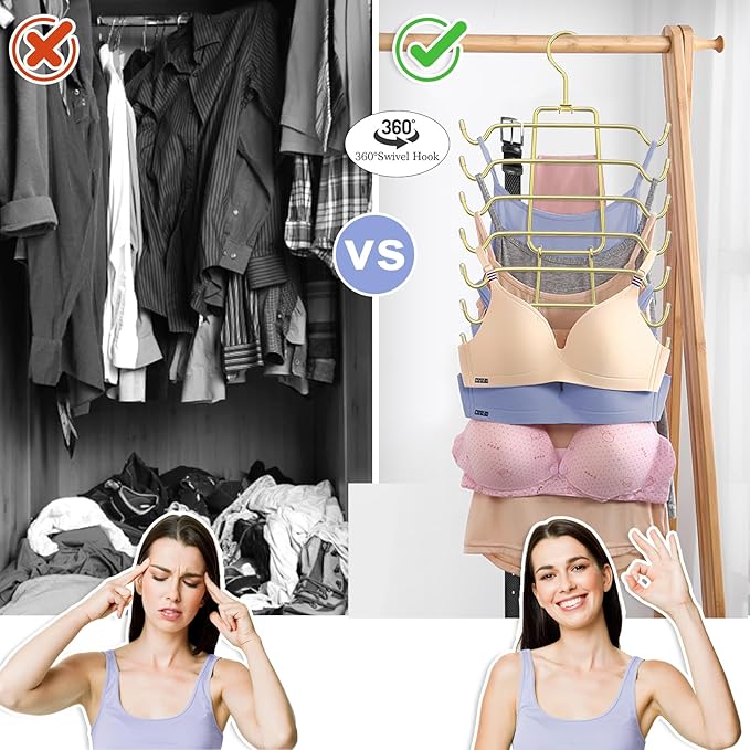 2Pcs Tank Top Hangers Space Saving Hanger Organizer Bra Hangers for Closet Organizer 360° Rotating Metal Closet Organizers and Storage Lingerie Hooks for Cami Bras Belts Swimsuits Lingeries Gold