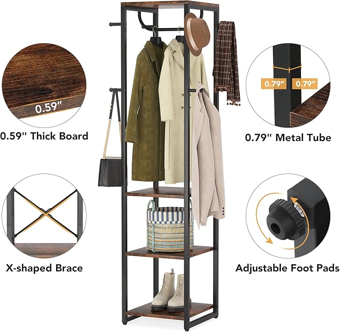 Tribesigns Coat Rack Freestanding with Shelves, Industrial Hall Tree with 4 Shelves and 8 Hooks, Standing Small Clothes Rack Closet Organizer for Entryway, Bedroom
