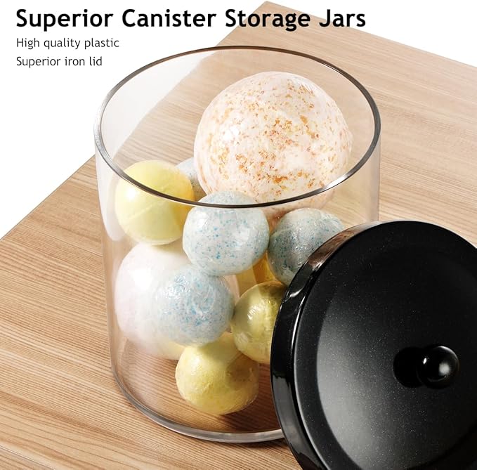 2 Pack 50 Oz Large Plastic Apothecary Jar with Black Stainless Steel Lid - Shatterproof Laundry Pods Container - Modern Industrial Bathroom & Kitchen Storage Organizer for Scent Beads, Bath Bombs