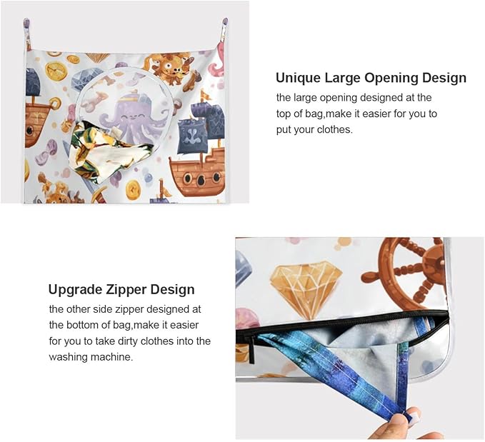 Cute Pirate Octopuses Sailboats Diamonds Hanging Laundry Hamper Door Hampers Bag Basket with Stainless Steel Hooks Oxford Fabric Printing Decorative Clothes Bags 29.5X20inch 2Pack