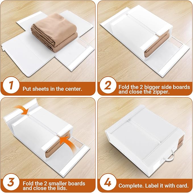 6 Pack Bed Sheet Closet Organizers and Storage,Sturdy Foldable Storage Containers with Window and Label,Storage and Organization for Bedding Sheets,Duvet Covers,Blankets (White)