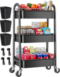 3 Tier Black Rolling Cart Metal with Wheels, Basket, Cups & Hooks, Three Tier Utility Carts on Wheels, Can Organizer for Pantry Floor, Kitchen Storage Rack, Snack Shelf Carts, Vianderos para Cocina