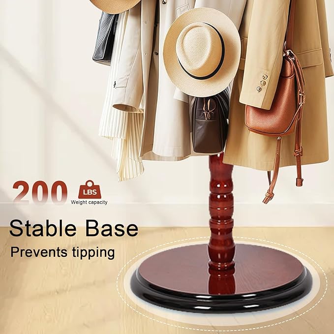 Wooden Coat rack freestanding, Coat racks stand with 14 Hook, Heavy duty coat tree standing 3 Adjustable Heights for Bedroom, Entryway, Hallway, Office,Stury Base (Begonia)
