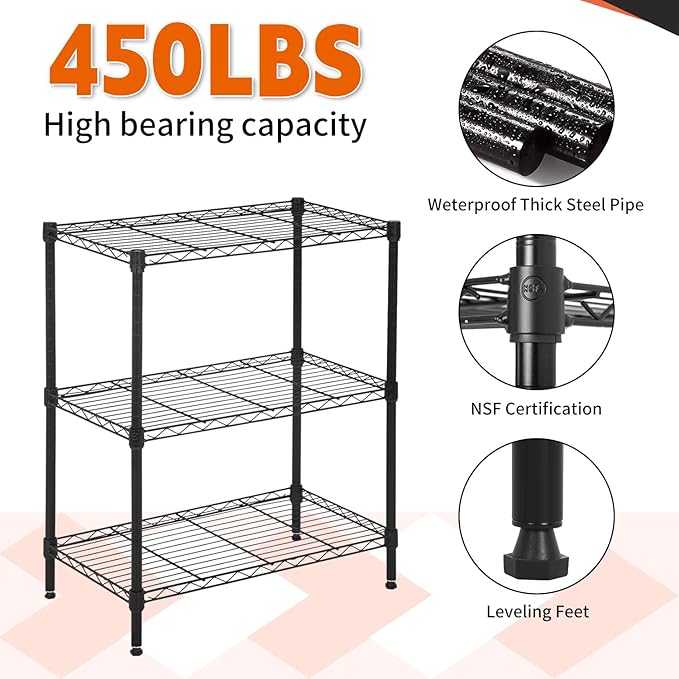3 Tier Rolling Storage Cart with Wheels and Leveling Feet, Adjustable Wire Shelving Rack, Heavy Duty 450LBS Capacity, Metal Shelf Organizer for Kitchen, Bathroom, Laundry, Office, 23"L x 13"W x 31.3"H