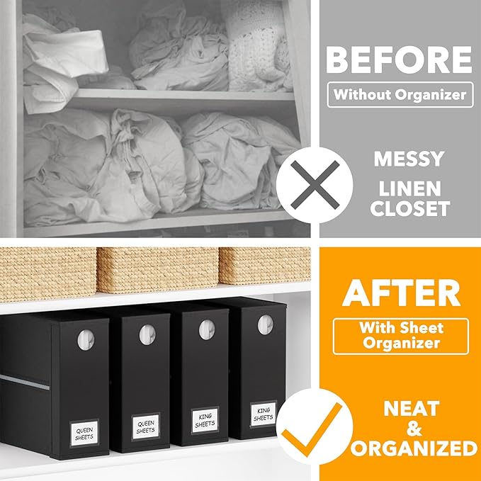 SpaceAid 4 Pack Bed Sheet Organizers and Storage, Foldable Sheet Organizer for Linen Closet, Sheets Set Folder Keeper with Window XL (Queen & King Size) Organizing Bedding Container, Black