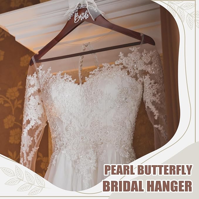Bride Wedding Dress Pearl Mrs. Hanger with Pearl Ribbon Bow Elegant Wooden Dress Hanger to Be Ideal Keepsake for Wedding Day Gift (Walnut,Bride)