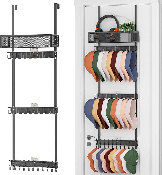 3 Tier Over Door Hat Rack with Basket - Hat Organizer Holder for Baseball Cap with 18 Hooks and 10 Movable Clips,Hat Hanger Storage Holds up to 28+ Caps for Door, Bedroom, Closet (Black)