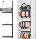 3 Tier Over Door Hat Rack with Basket - Hat Organizer Holder for Baseball Cap with 18 Hooks and 10 Movable Clips,Hat Hanger Storage Holds up to 28+ Caps for Door, Bedroom, Closet (Black)