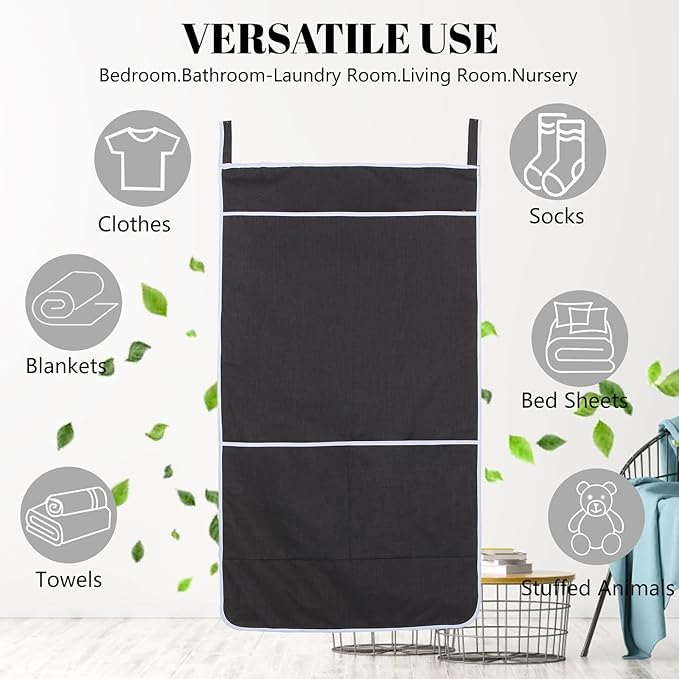 Black Hanging Laundry Hamper Bag, XL Door Hanging Hamper with Large Openging Laundry Hamper Storage Bag Large Size 36X22 Inch, Over Door Hamper