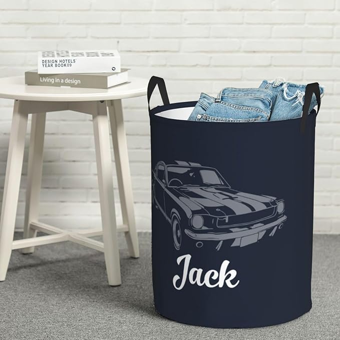 Personalized Laundry Basket for Nursery, Custom Nursery Laundry Hamper with Name, Customize Baby Clothes Circular Hamper for Boys Girls Room Decor, Car