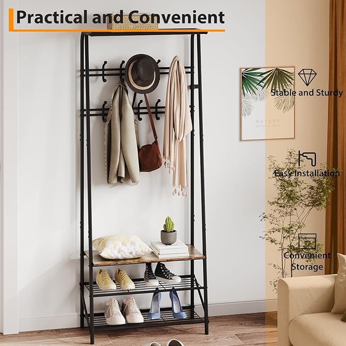 4-in-1 Entryway Organizer with 10 Double Row Hooks, Coat Rack and Shoe Storage Bench, Sturdy Metal Frame, Space-Saving Design for Living Room or Foyer, Rustic, 25.2" D x 11.4" W x 70" H