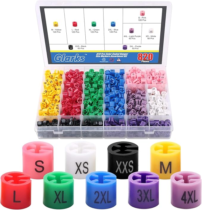 Glarks 820Pcs 9 Colors『XXS - 4XL』Colored Hanger Sizer Garment Size Markers Color Coded Size Clips Assortment Set Fit for 2-4mm Hanger Hook Used for Wire Hangers