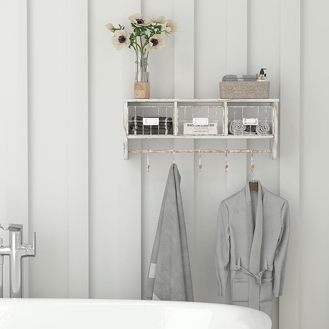 Flash Furniture Daly Wall Mounted Storage Rack - Whitewashed Solid Pine Wood - 24 Inch - Upper Shelf - 5 Hooks - Wire Baskets - For Entryway, Kitchen, Bathroom