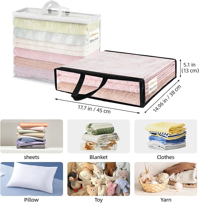 Vieshful 12 Pack Clear Storage Bags for Clothes, 17.7" × 14.96" × 5.1" Clear PVC Mesh Clothing Organizers with Zipper for Blankets, Clothes, Bedding, Sweater, Toys & Closet Storage, 22L Black