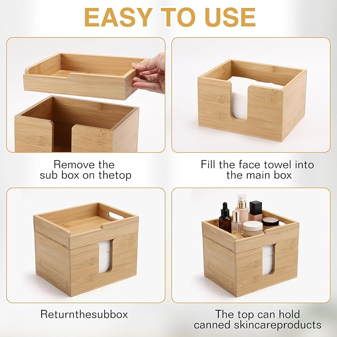 Bamboo Disposable Face Towel Holder with 2 Glass Jars - Open-Top Skincare Organizer for Facial Cleansing Wipes & Beauty Essentials - Bathroom Countertop Vanity Organizer