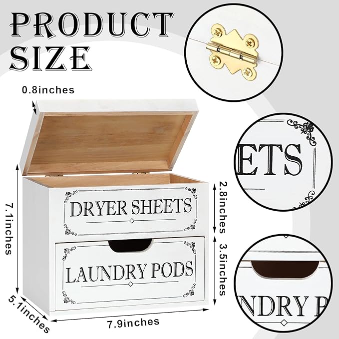 Tatuo Dryer Sheet Holder with Hinged Lid Farmhouse Dryer Sheet Dispenser Rustic Container Box Laundry Room Decor for Laundry Room Organization Fabric Pods, White