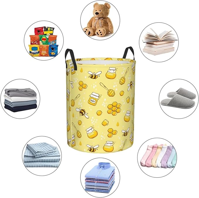 Dujiea Bees Honey Laundry Basket Round with Handle, Collapsible Foldable Canvas Storage Bin Dirty Clothes Bag for Laundry/Toys Organizer/College Dorm/Nursery/Decor(2 Sizes)