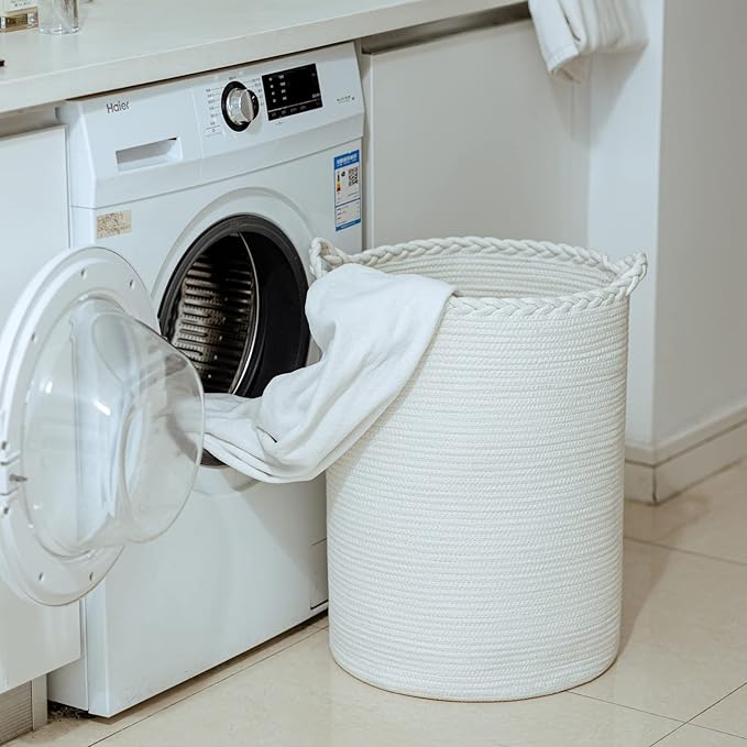 72L Woven Laundry Hamper,Cotton Tall Wicker Laundry Basket for Blankets,Clothes,Pillows,Toys,Shoes Large Laundry Bin White