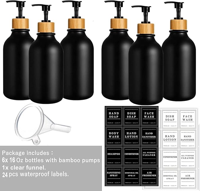 6PACK 16.9Oz Soap Dispenser Bottle, Bamboo Lid Soap Bottle with Anti-Rust Pump, Hand Dish Soap Dispenser for Kitchen, Shampoo Lotion Black Soap Dispensers for Bathroom