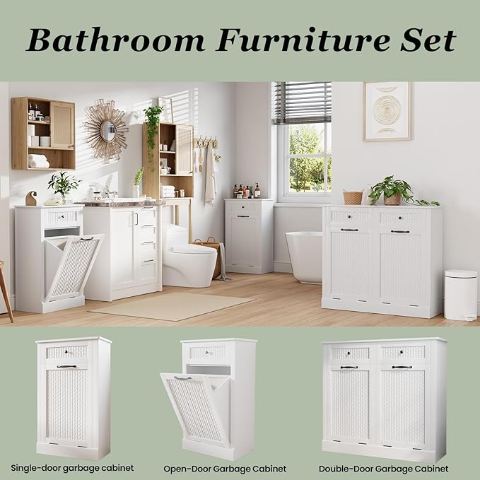 Tilt Out Laundry Hamper Cabinet, Rattan-Style Laundry Room Organization with Removable Laundry Basket, Hidden Wood Dirty Clothes Hamper with Drawer, 21.6" L x 13" W x 35.8" H, White