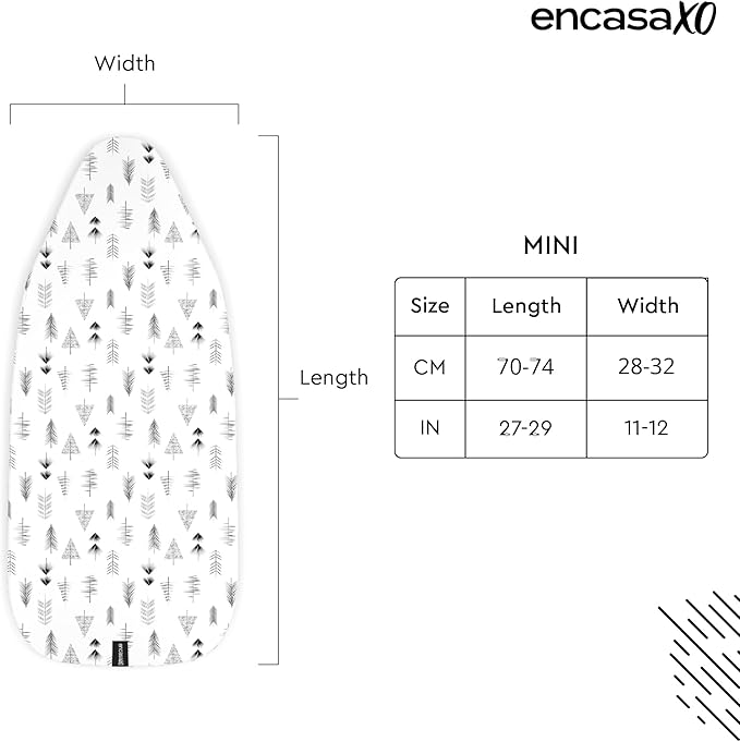 Encasa XO Ironing Board Cover and Pad 28"x12" - Thick 3mm Felt Padding, Drawstring Tightening & Lock, Easy Fit, Scorch & Stain Resistant, Fits Mini Ironing Board - Black Arrow