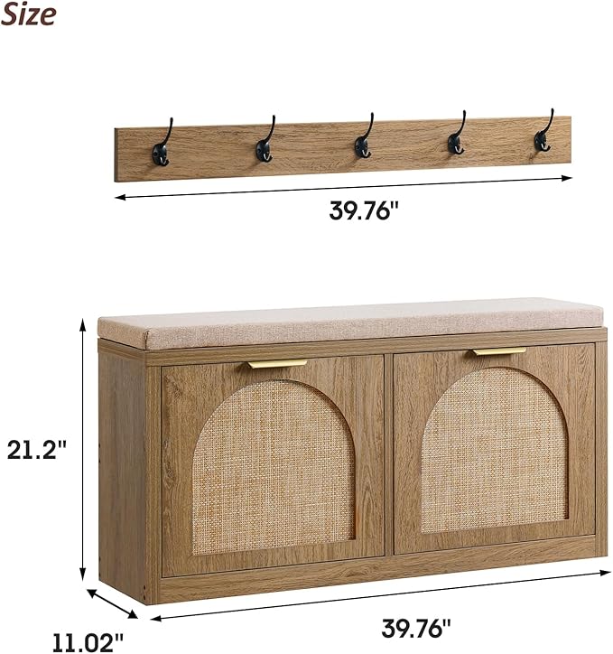 Rattan Narrow Entryway Bench with Shoe Storage, 2 Flip Drawers & Coat Rack, Mid-Century Modern Wood Shoe Cabinet with Seat Cushion for Foyer/Hallway (Rustic Oak Rattan)